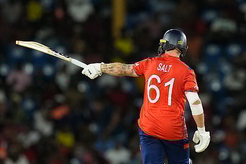 Phil Salt reacts after scoring 50 runs against West Indies